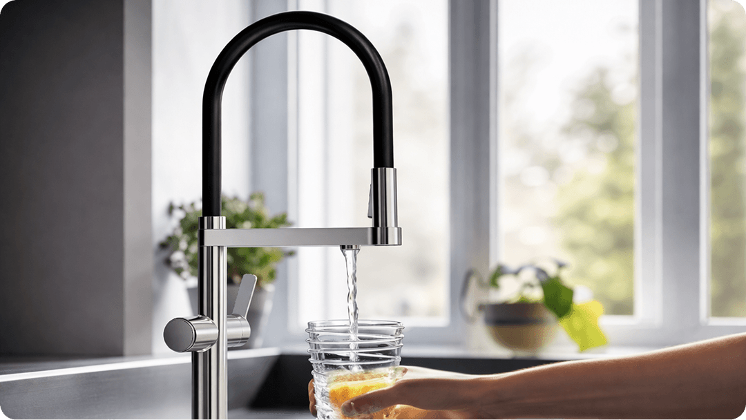 Kitchen faucet pouring water into a glass